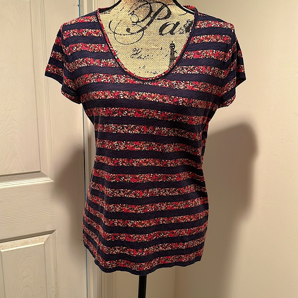 LOFT Navy and Red Floral Stripe Short Sleeve Tee